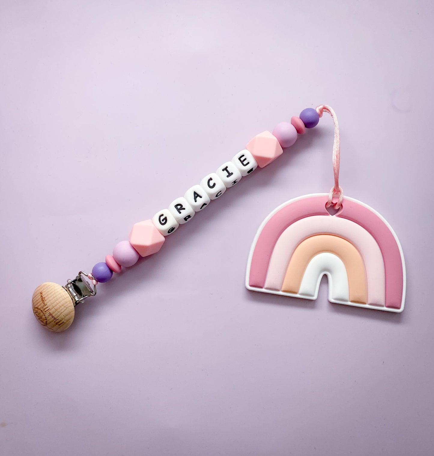 Pink Rainbow Teether + Clip