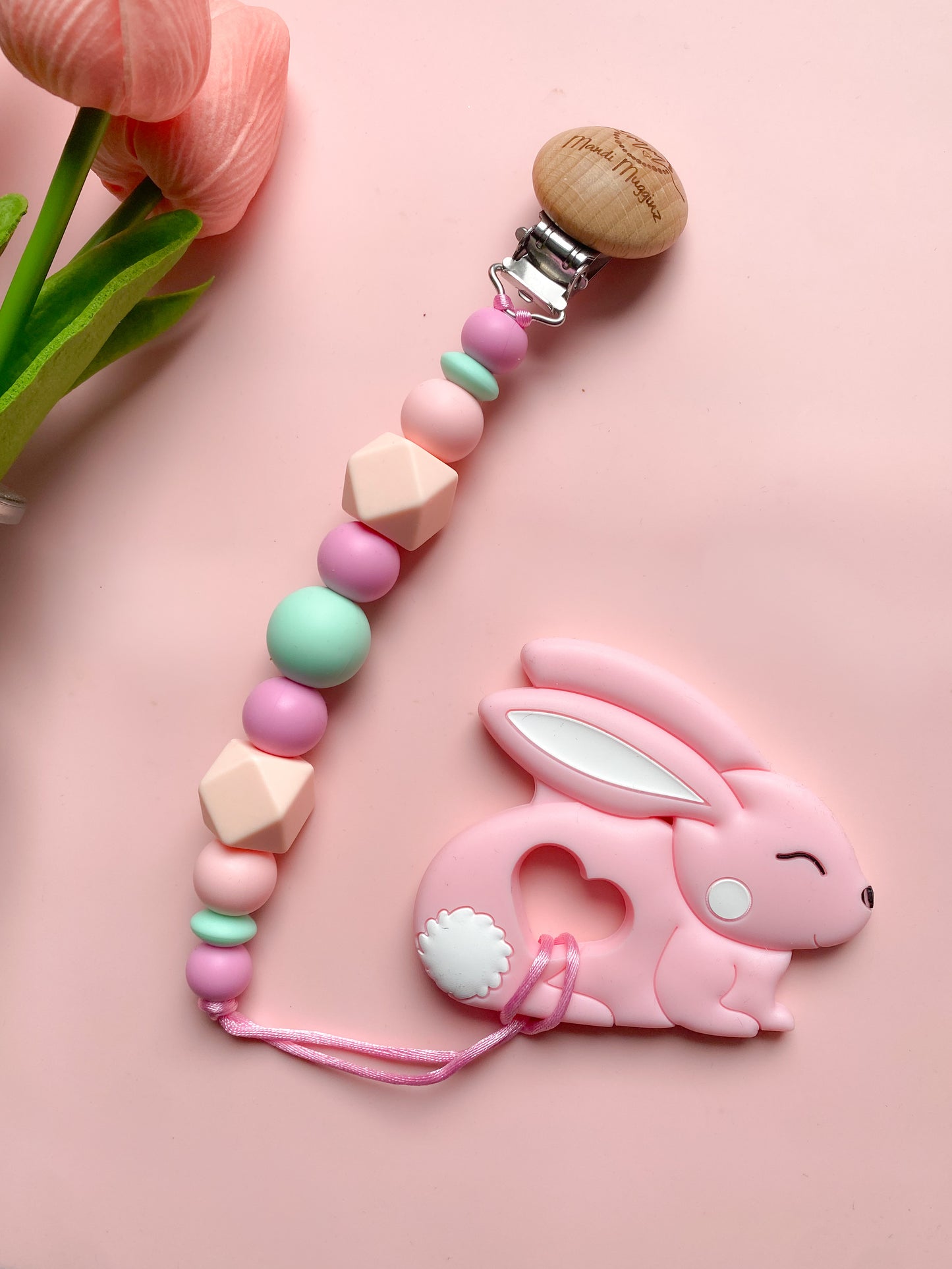 Pink Bunny Teether + Clip